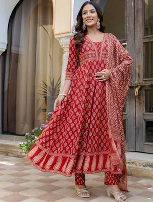 women ethnic motifs printed empire  cotton kurta with trousers & with dupatta 1