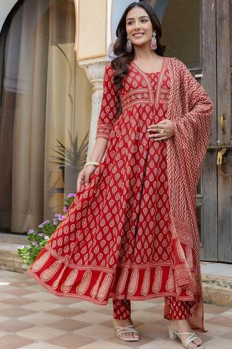 women ethnic motifs printed empire  cotton kurta with trousers & with dupatta