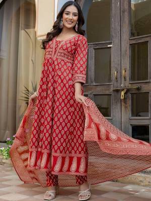 women ethnic motifs printed empire  cotton kurta with trousers & with dupatta 2