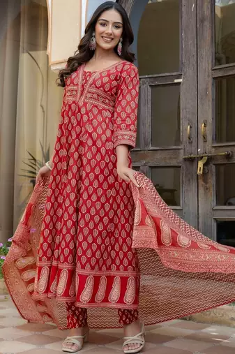 women ethnic motifs printed empire  cotton kurta with trousers & with dupatta
