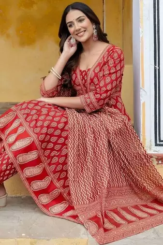 women ethnic motifs printed empire  cotton kurta with trousers & with dupatta