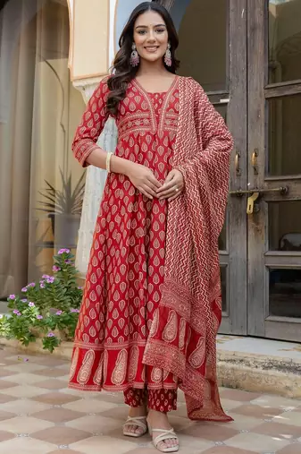 women ethnic motifs printed empire  cotton kurta with trousers & with dupatta