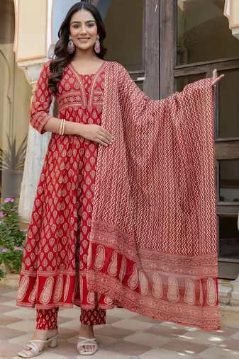 women ethnic motifs printed empire  cotton kurta with trousers & with dupatta