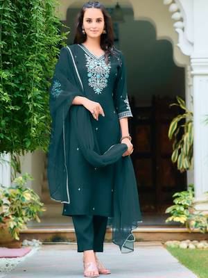floral embroidered chanderi cotton straight kurta with trousers & dupatta 1