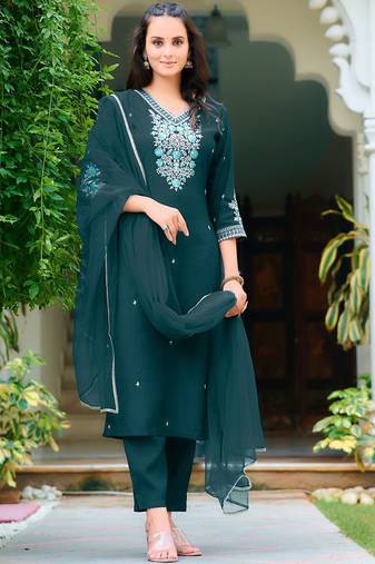 floral embroidered chanderi cotton straight kurta with trousers & dupatta