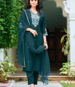 floral embroidered chanderi cotton straight kurta with trousers & dupatta