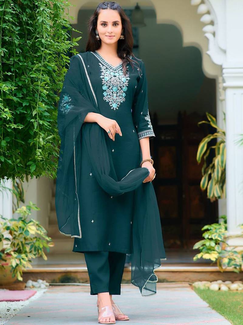 floral embroidered chanderi cotton straight kurta with trousers & dupatta
