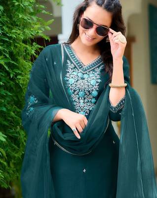 floral embroidered chanderi cotton straight kurta with trousers & dupatta 2