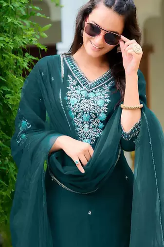 floral embroidered chanderi cotton straight kurta with trousers & dupatta
