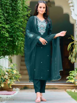 floral embroidered chanderi cotton straight kurta with trousers & dupatta 4