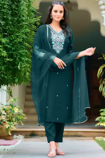floral embroidered chanderi cotton straight kurta with trousers & dupatta