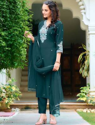 floral embroidered chanderi cotton straight kurta with trousers & dupatta 5