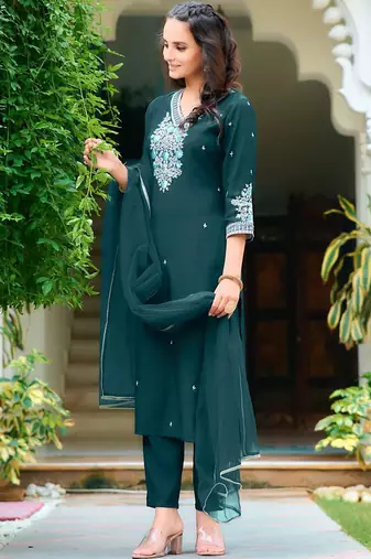 floral embroidered chanderi cotton straight kurta with trousers & dupatta
