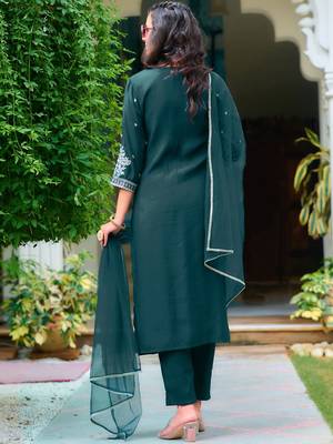 floral embroidered chanderi cotton straight kurta with trousers & dupatta 6