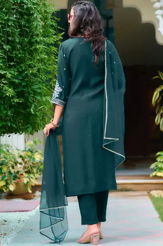 floral embroidered chanderi cotton straight kurta with trousers & dupatta