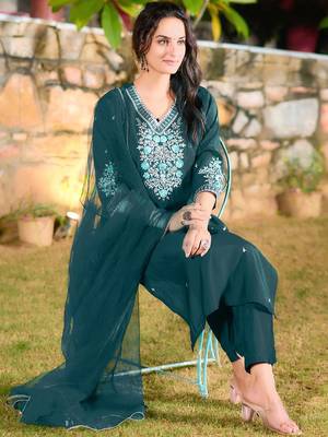 floral embroidered chanderi cotton straight kurta with trousers & dupatta 7