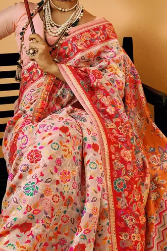 Pink floral silk cotton saree