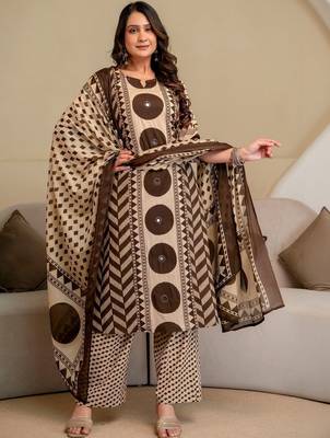 women printed mirror work  cotton kurta with trousers & with dupatta 1