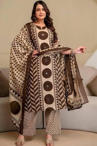 women printed mirror work  cotton kurta with trousers & with dupatta
