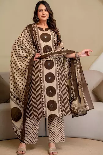 women printed mirror work  cotton kurta with trousers & with dupatta