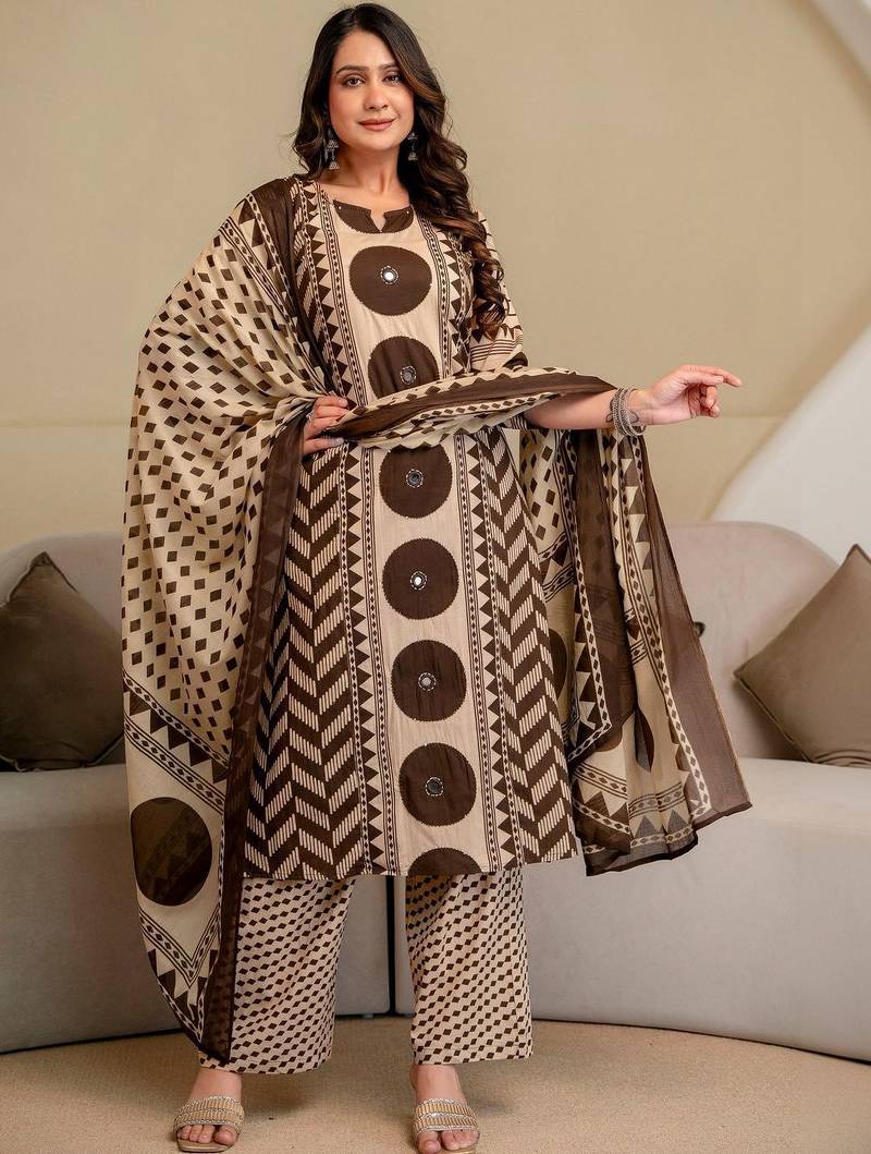 women printed mirror work  cotton kurta with trousers & with dupatta