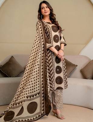 women printed mirror work  cotton kurta with trousers & with dupatta 3
