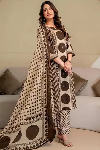 women printed mirror work  cotton kurta with trousers & with dupatta