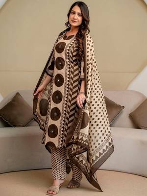 women printed mirror work  cotton kurta with trousers & with dupatta 4