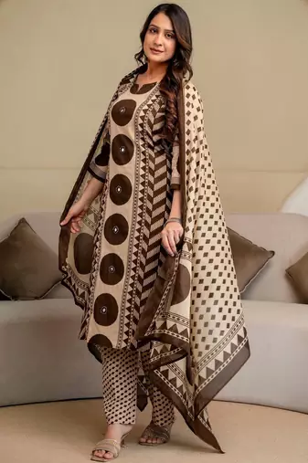 women printed mirror work  cotton kurta with trousers & with dupatta