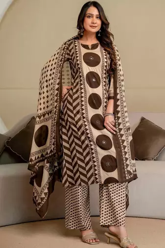 women printed mirror work  cotton kurta with trousers & with dupatta