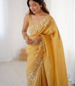 Mustard floral embroidered tissue saree