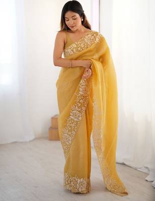 Mustard floral embroidered tissue saree 2