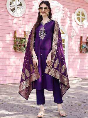 embroidered regular chanderi cotton kurta with trousers & dupatta 1