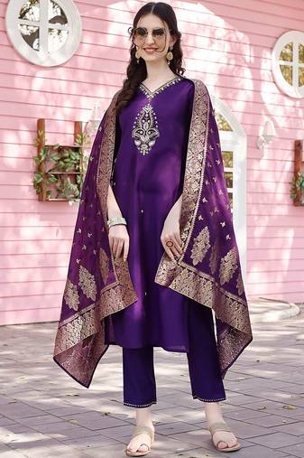 embroidered regular chanderi cotton kurta with trousers & dupatta