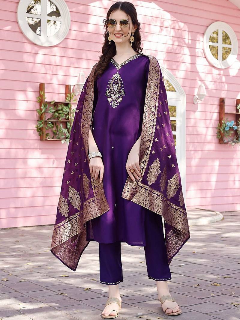 embroidered regular chanderi cotton kurta with trousers & dupatta