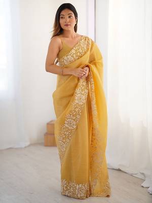 Mustard floral embroidered tissue saree 3