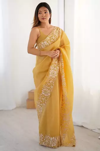 Mustard floral embroidered tissue saree