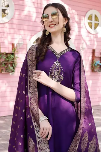 embroidered regular chanderi cotton kurta with trousers & dupatta