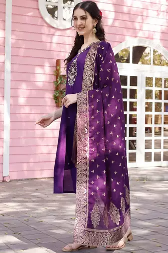 embroidered regular chanderi cotton kurta with trousers & dupatta