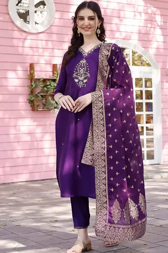 embroidered regular chanderi cotton kurta with trousers & dupatta