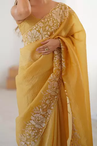 Mustard floral embroidered tissue saree