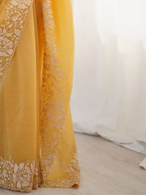 Mustard floral embroidered tissue saree 5