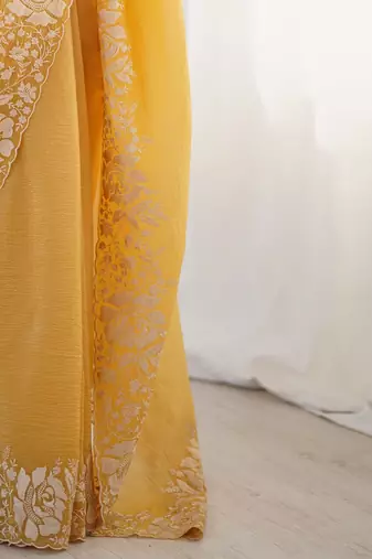 Mustard floral embroidered tissue saree