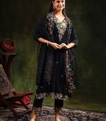floral embroidered v neck organza kurta with trousers and dupatta