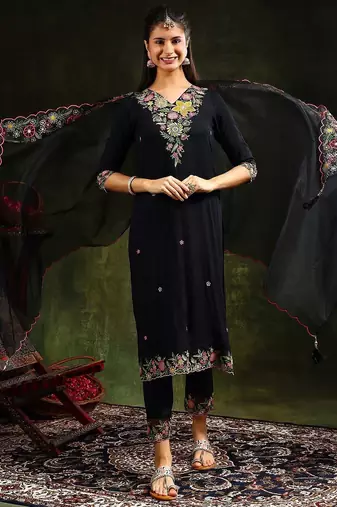floral embroidered v neck organza kurta with trousers and dupatta