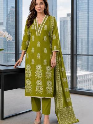 women ethnic motifs printed regular mirror work  cotton kurta with trousers & with dupatta 1
