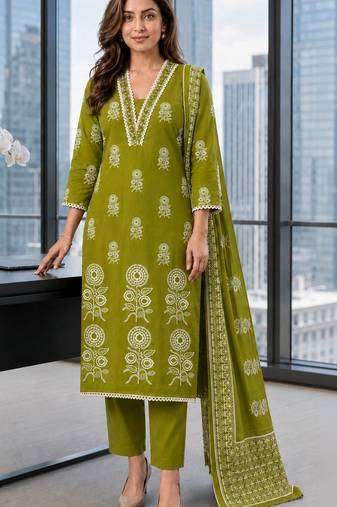 women ethnic motifs printed regular mirror work  cotton kurta with trousers & with dupatta