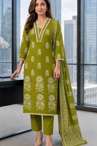 women ethnic motifs printed regular mirror work  cotton kurta with trousers & with dupatta