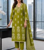 women ethnic motifs printed regular mirror work  cotton kurta with trousers & with dupatta