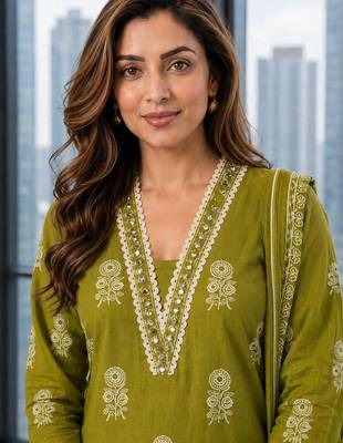 women ethnic motifs printed regular mirror work  cotton kurta with trousers & with dupatta 2